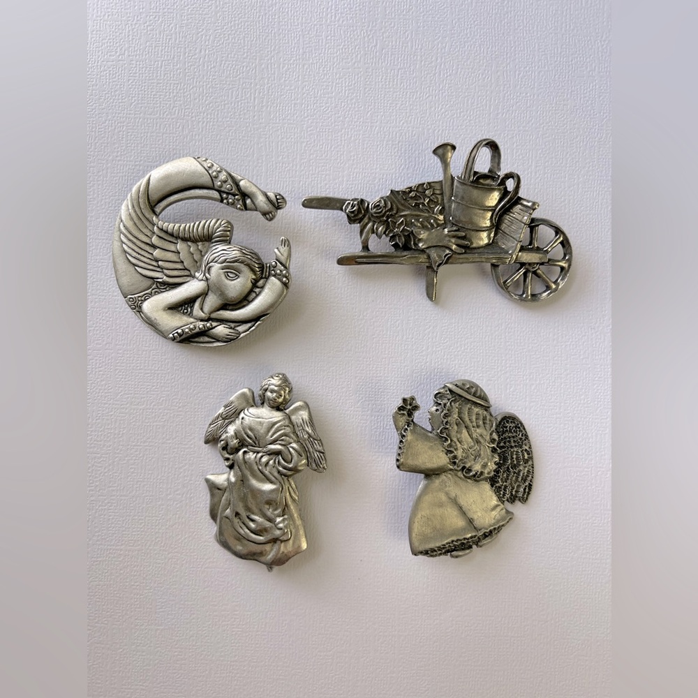 Vintage 1980-90’s Angel & Seagull PewterGarden Cart Watering CanFlowers Pins